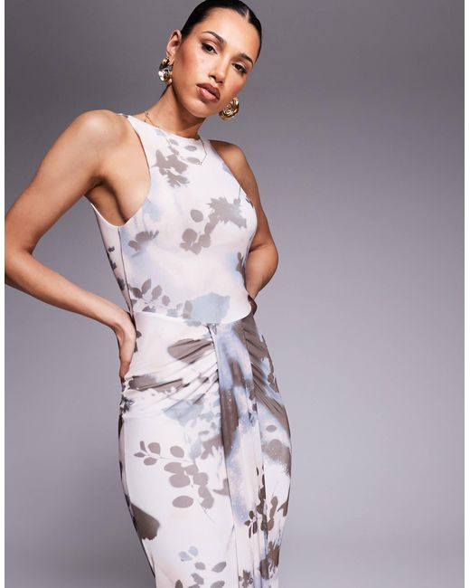 ASOS Purple Mesh Slash Neck Open Back Midi Dress With Sash Detail