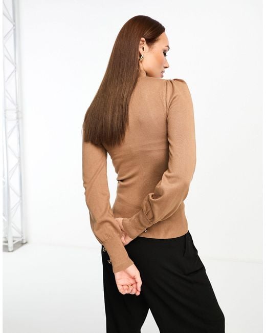 River Island Brown Puff Sleeve Knit Top With Button Detail