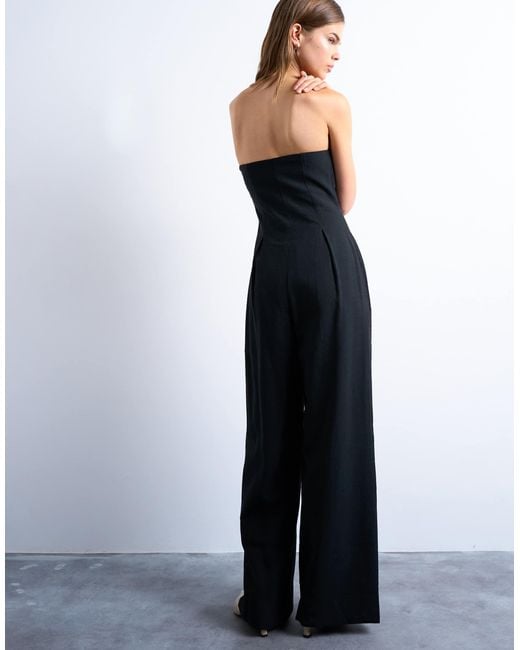 TOPSHOP Women's Blue Seamed Wide Leg Linen Jumpsuit