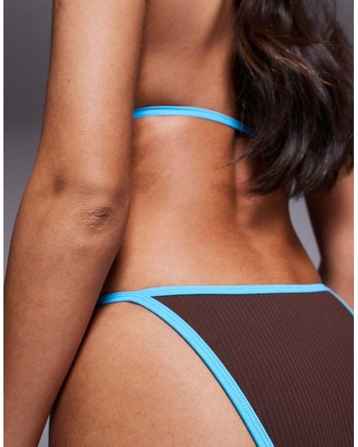 ASOS Brown Ronnie Ribbed Contrast Binding San Andreas High Leg Skinny Tanga Bikini Bottom
