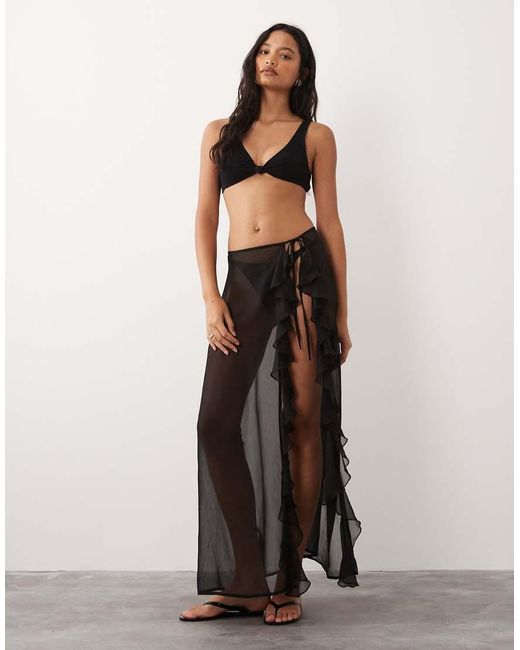 Miss Selfridge Black Beach Sheer Chiffon Frill Detail Tie Side Sarong