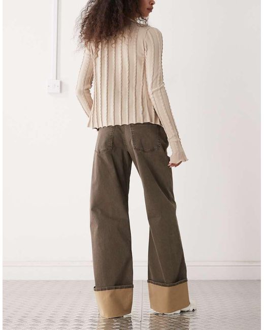 Monki Broek Van Keperstof Met Wijde Pijpen En Contrasterende Omslag in het Natural