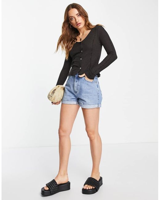 Mango Black Lettuce Edge Button Front Top