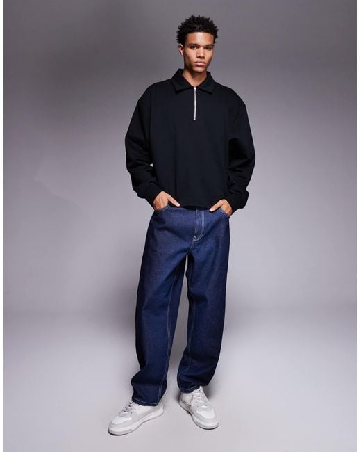 ASOS Blue Boxy Oversized Quarter Zip With Collar for men