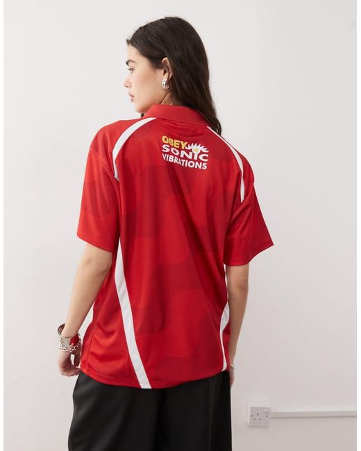 Obey Voetbalpolo Met Korte Mouwen En Logo in het Red