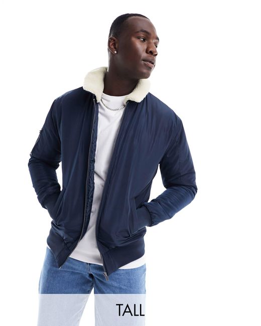 Le Breve Blue Tall Aviator Jacket With Borg Collar for men
