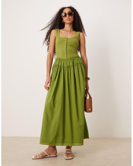 ASOS Maxi Jurk Met Lage Ronde Hals, Knopen, Geribbeld Lijfje En Poplin Rok in het Green