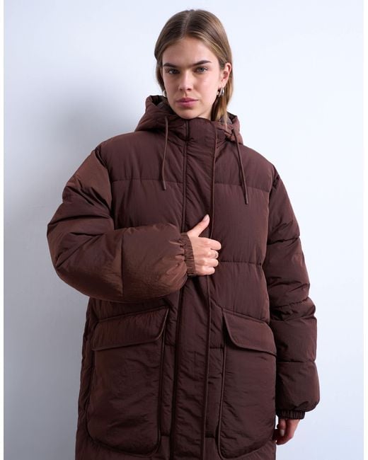 TOPSHOP Red Longline Techy Puffer Jacket