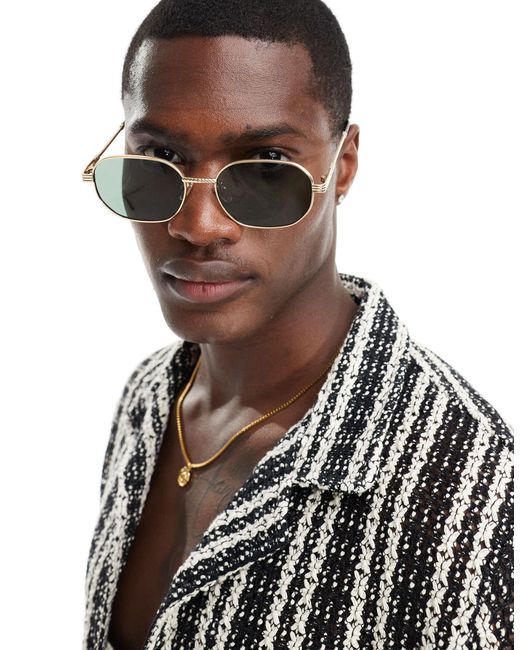 River Island Black Coined Metal Slim Hexagon Sunglasses for men