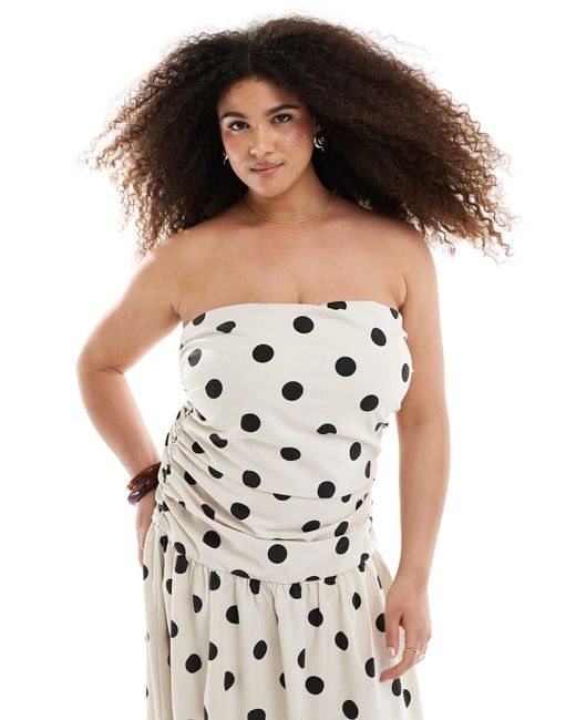 4th & Reckless White – gerafftes, trägerloses maxikleid aus cremeweißem leinenmix mit punktemuster und tiefer taille