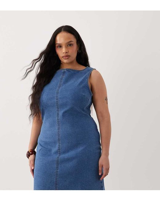 ASOS Blue Asos Design Curve Denim Slash Neck Bodycon Mini Dress
