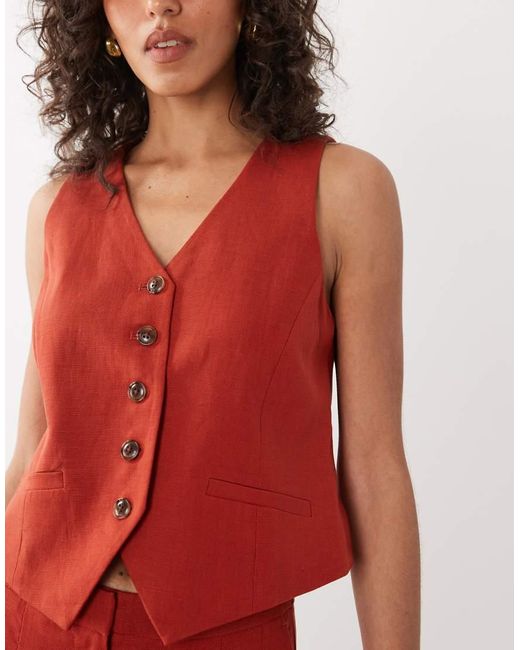 Nobody's Child Red Vinnie Linen Blend V-neck Waistcoat Co-ord