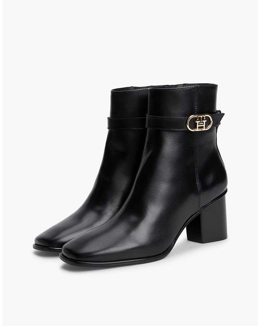 Tommy Hilfiger Black Leather Buckle Strap Block Heel Ankle Boots