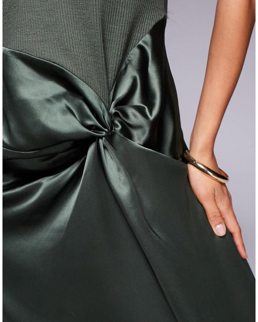 ASOS Gray Twist Strap Ribbed Midi Dress With Satin Knot Skirt
