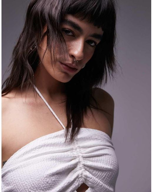 TOPSHOP Gray Textured Ruched Cutout Halter Top