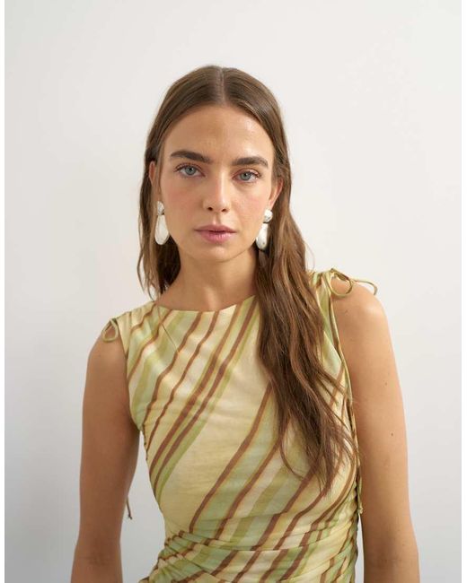TOPSHOP Blue Mesh Stripe Ruched Shoulder Asymmetric Top