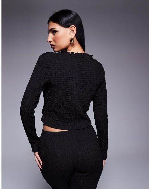 ASOS Black Texture Wide Neck Ruffle Edge Long Sleeve Tie Up Top