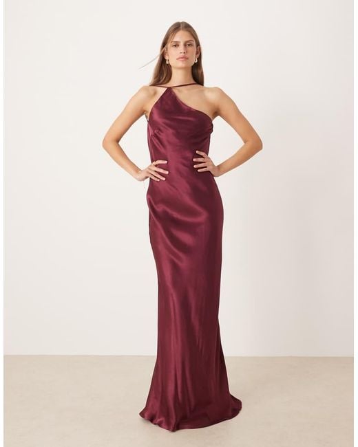 SNDY'S Red Satin One Shoulder Open Cowl Back Detail Maxi Dress