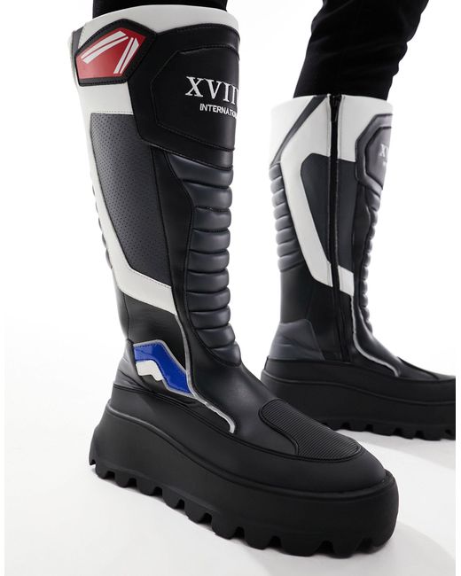 ASOS Black Chunky Knee High Biker Boots With Motocross Details for men