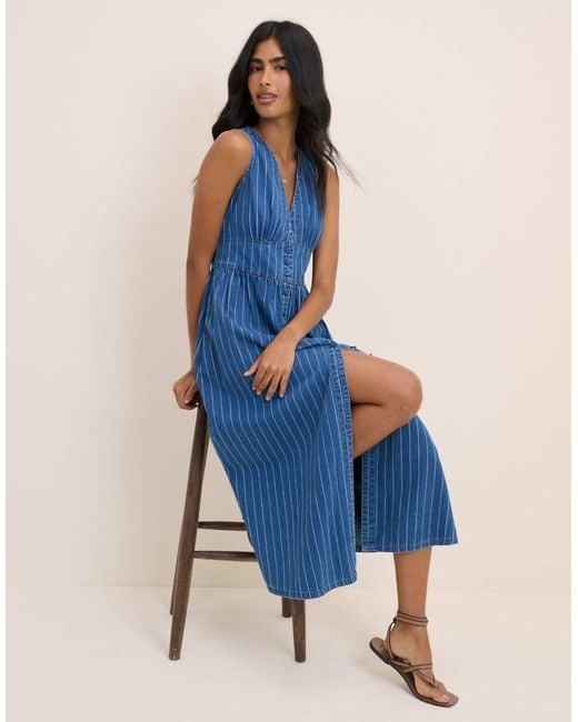 Nobody's Child Blue Denim Sleeveless Pinstripe Starlight Midi Dress