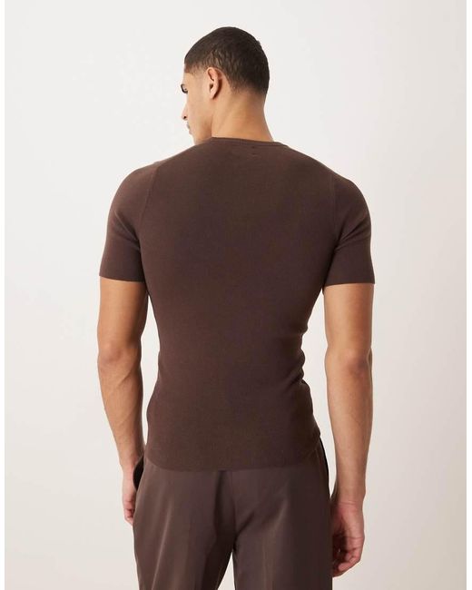 ASOS Brown Muscle Fit Knit Ribbed Crew Neck T-shirt With Saddle Sleeve for men