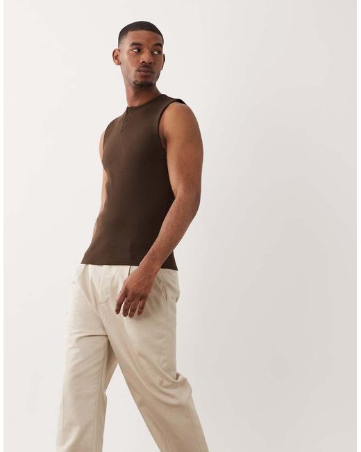 ASOS Brown Muscle Fit Tank With Henley Neck for men