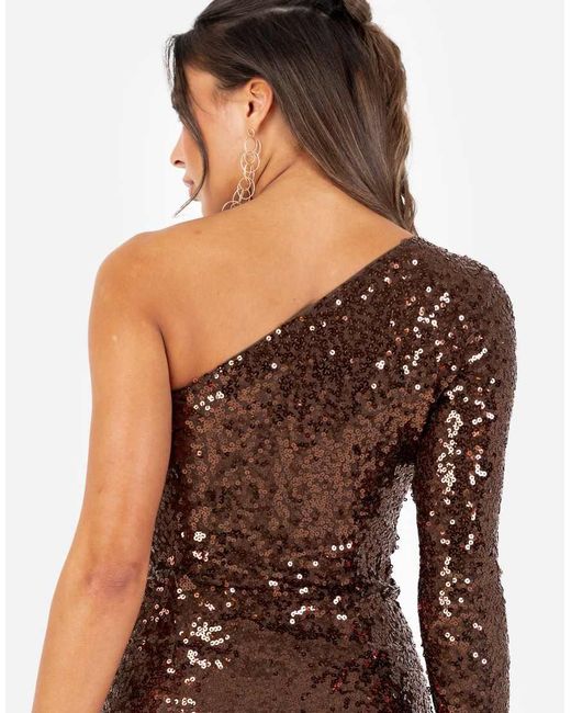 Maya Brown Fully Embellished One Sleeve Midaxi Dress