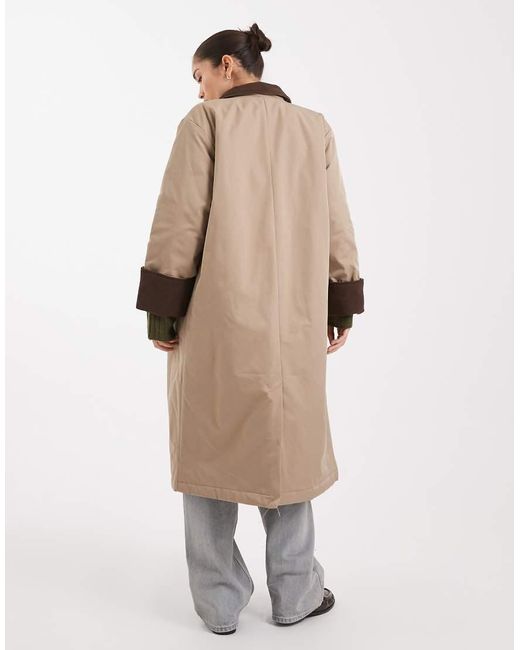 Pieces Brown Longline Trench Coat With Collar Detail