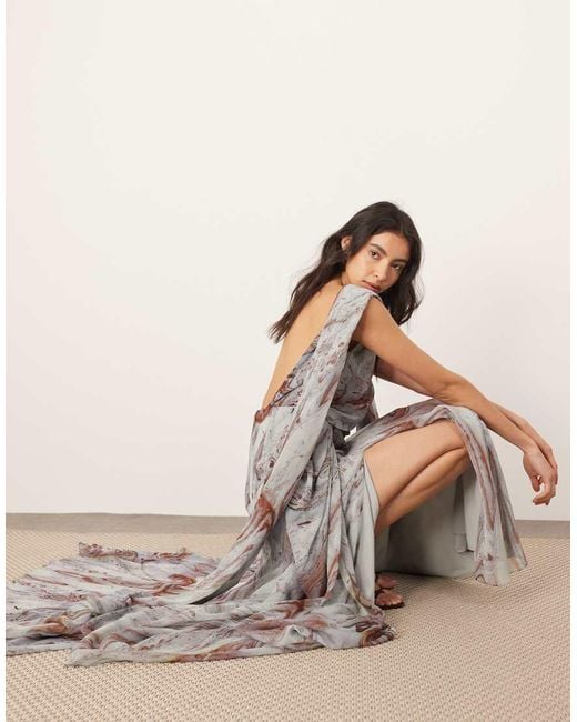 ARRANGE Natural Chiffon Drape Maxi Dress With Scarf Detail