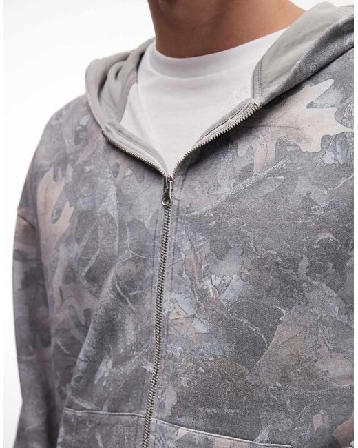 ASOS Gray Co-Ord Oversized Boxy Washed Camo Zip Through Hoodie for men
