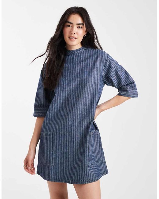 Native Youth Blue Denim Striped Collared Dress