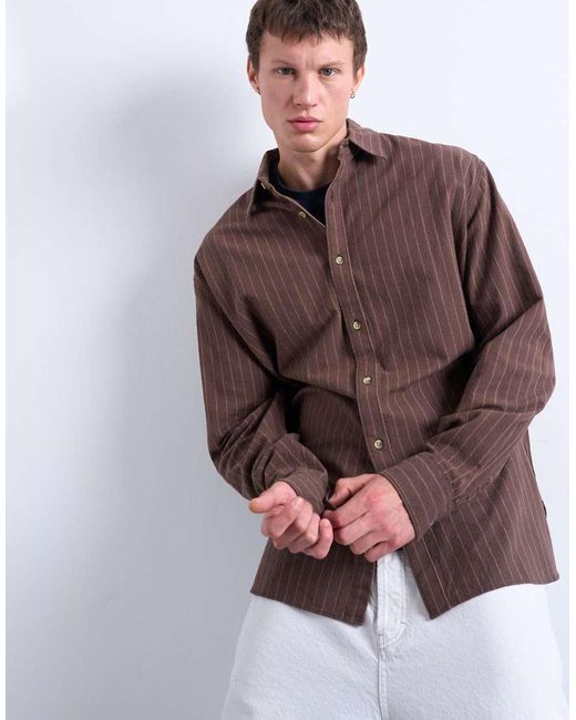 Topman Brown Oversized Fit Stripe Oxford Shirt for men