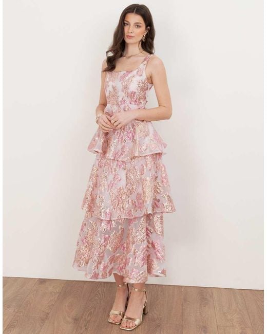 Maya Pink Floral Jacquard Square Neck Tiered Midi Dress