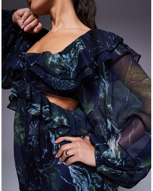 ASOS Blue Long Sleeve Ruffle Off Shoulder Jumpsuit