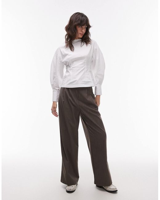 TOPSHOP White Poplin Barrel Sleeve Cinch Top