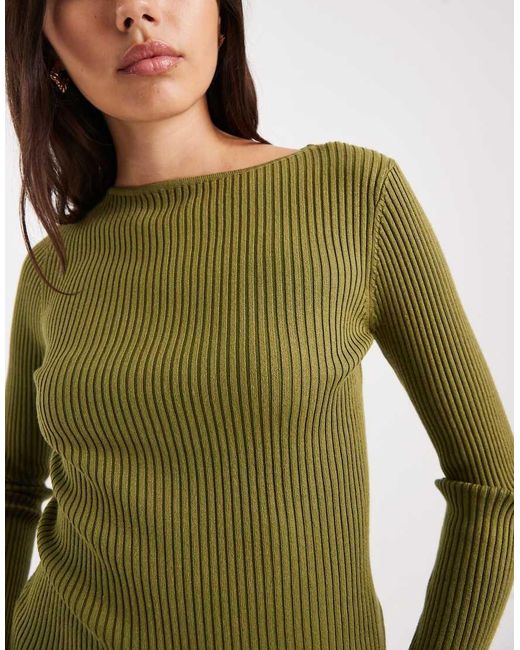 Miss Selfridge Green Knit Rib Slash Neck Long Sleeve Top