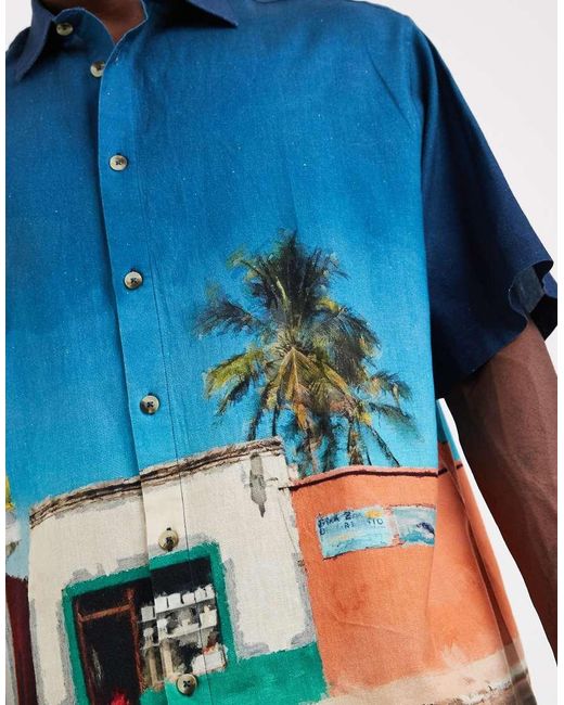 ASOS Blue Oversized Holiday Print Shirt With Linen for men
