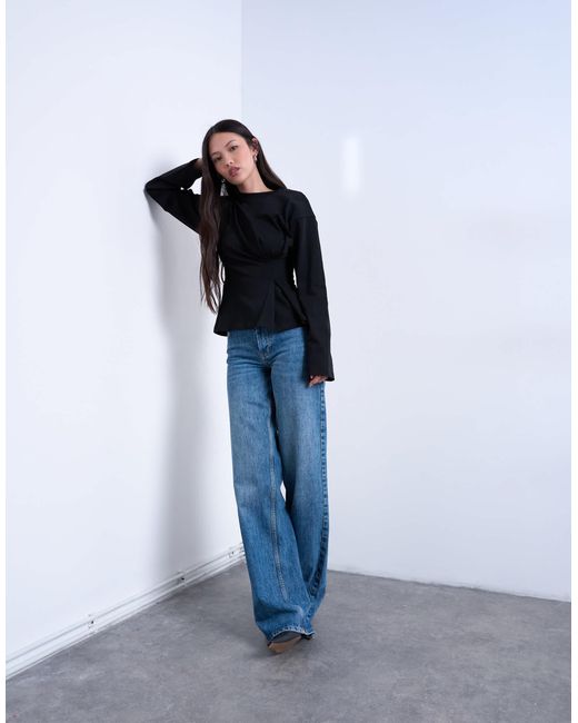 TOPSHOP Blue Cinch Waist Structured Long Sleeve Tee