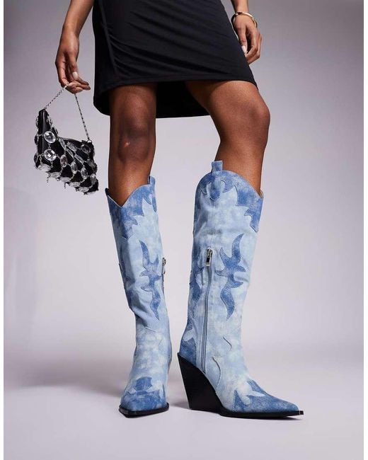 Public Desire Blue Underwood Western Cowboy Block Heel Knee High Boots