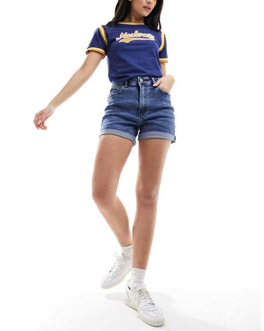 Noisy May Blue Moni High Waisted Turn Up Hem Denim Short