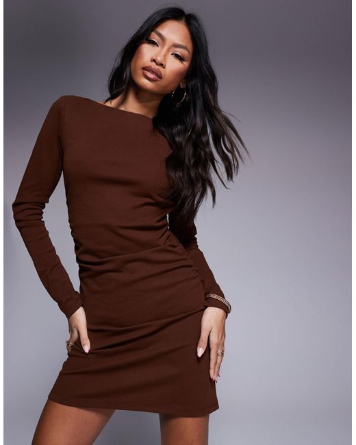 ASOS Brown Ribbed Long Sleeve Ruched Side Mini Dress