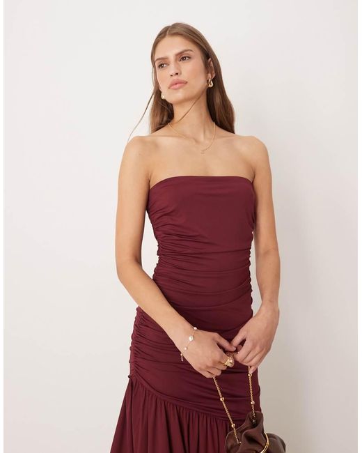 SNDY'S Red Mesh Asymmetric Drop Waist Ruched Detail Maxi Dress