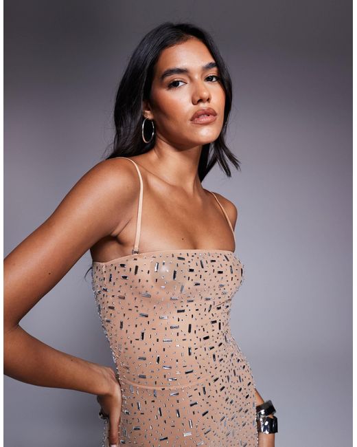 Oh Polly Natural Caprice Embellished Strapless Mini Dress