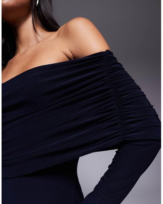 ASOS Blue Long Sleeve Deep Bardot Maxi Dress