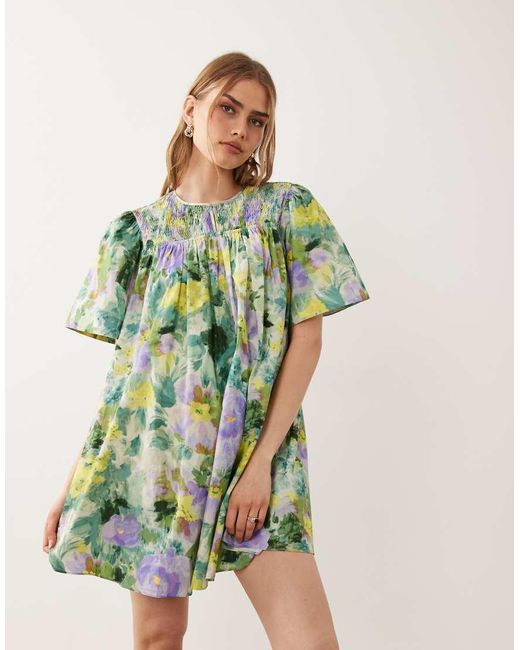 ASOS Natural Crew Neck Shirred Smock Mini Dress