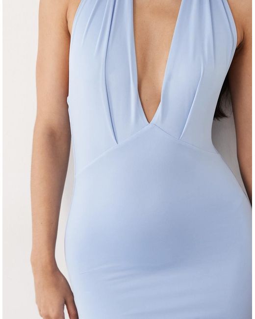 Aria Cove Blue Slinky Plunge Halterneck Sheer Hem Maxi Dress
