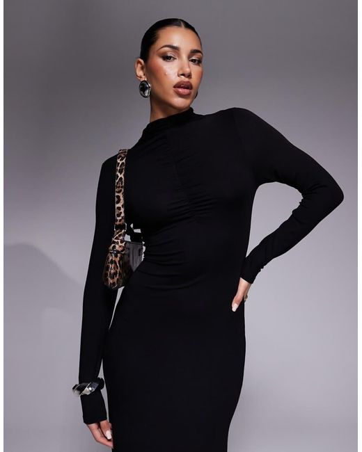 Vestido Largo Fruncido De Manga Larga Con Cuello Alto De ASOS de color Blue