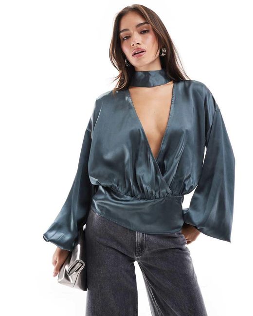 ASOS Blue Satin Wrap Top With Choker Detail