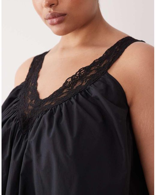 ASOS Black Asos Design Curve V Neck Smock Poplin Mini Sundress With Lace Overlay