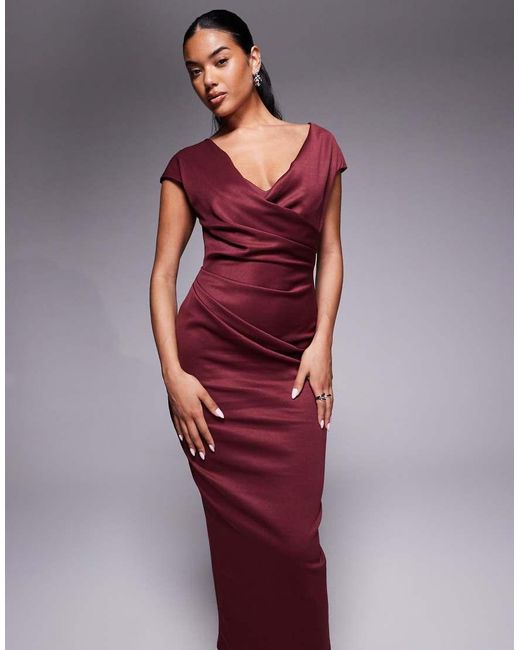 ASOS Purple Structu Midi Dress With Capped Sleeve And Draped Cross Front